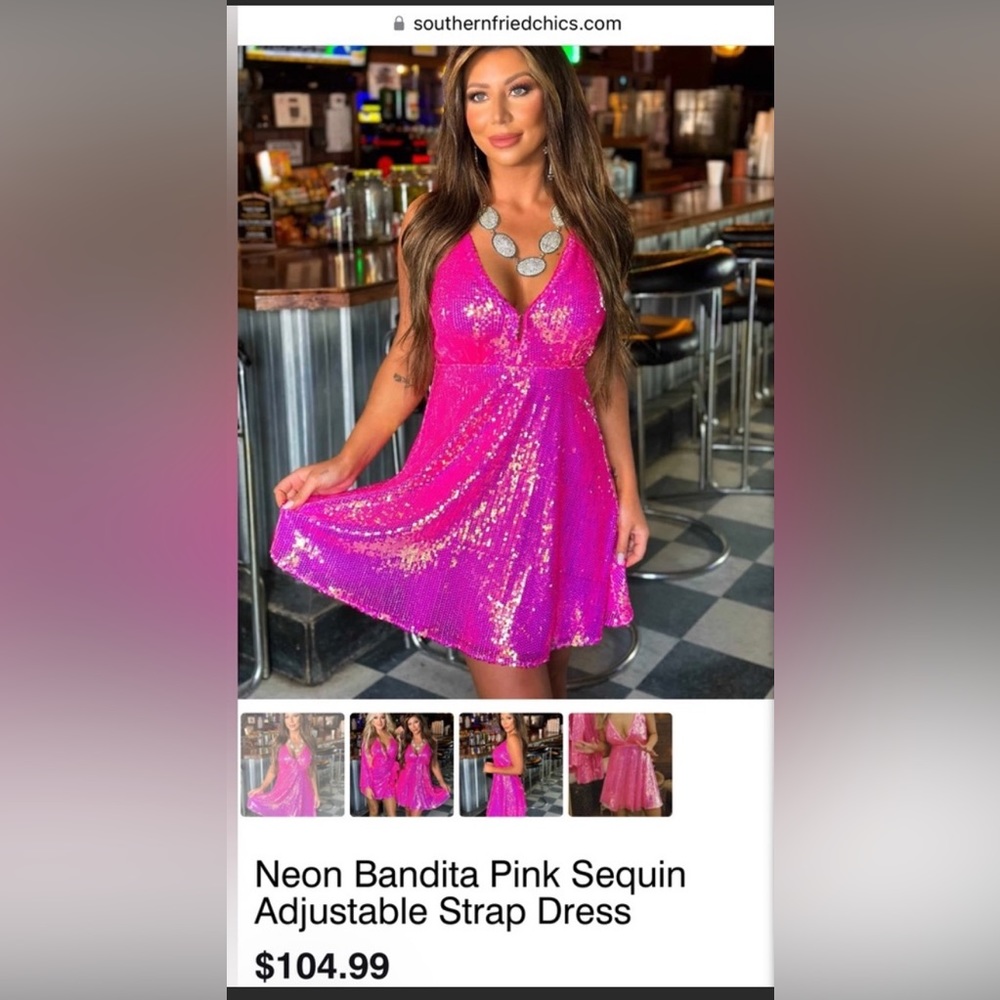 Southern Fries Chics Neon Bandita Pink Sequin Adjustable Dress